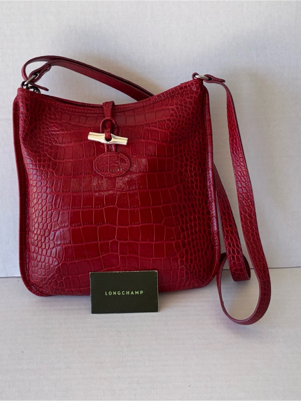 Longchamp Red Croc-Embossed Leather Crossbody Bag on Excellent Condition.